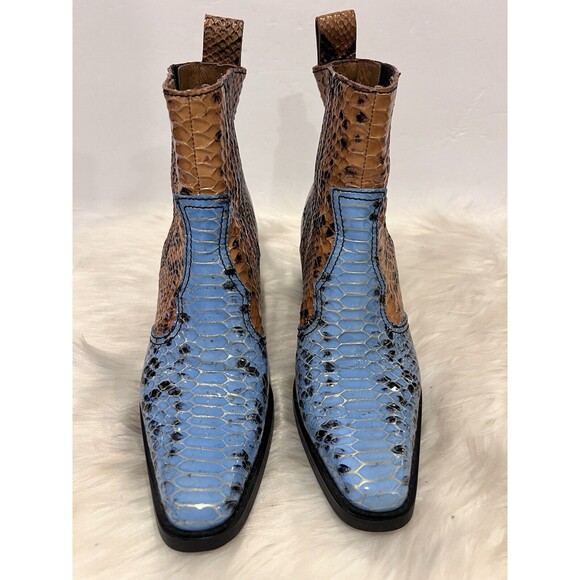 Ganni Two-tone Snake Embossed Leather Western Ankle Boots Blue Brown US 8 EUR38 - Picture 6 of 13